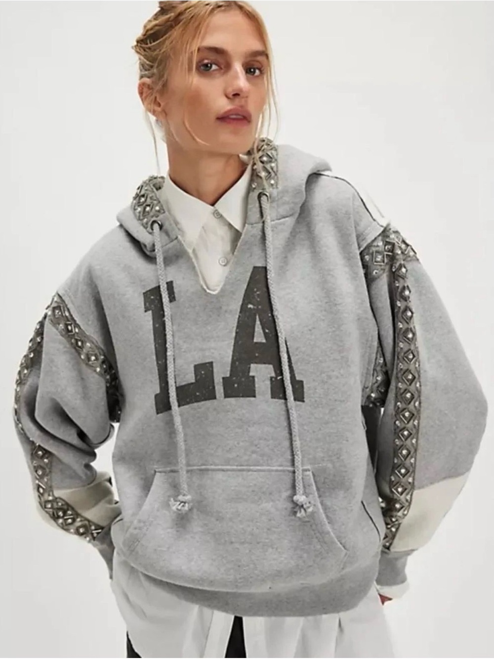 Free People We the Free Sparkle Gray Embellished LA Graphic Hoodie